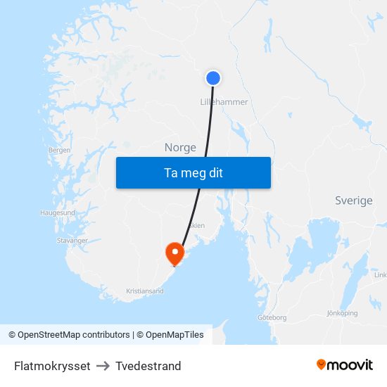 Flatmokrysset to Tvedestrand map