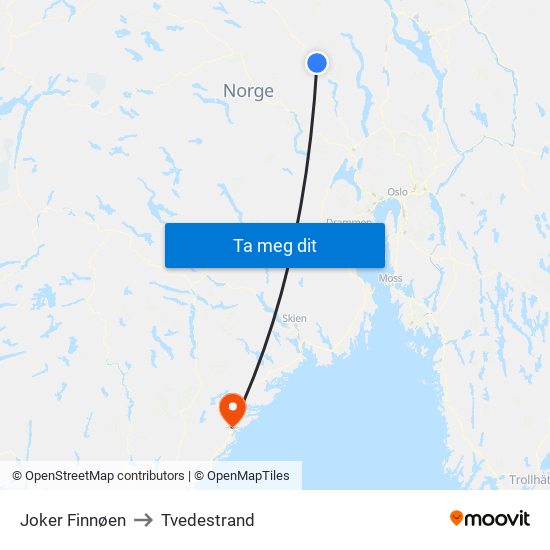 Joker Finnøen to Tvedestrand map