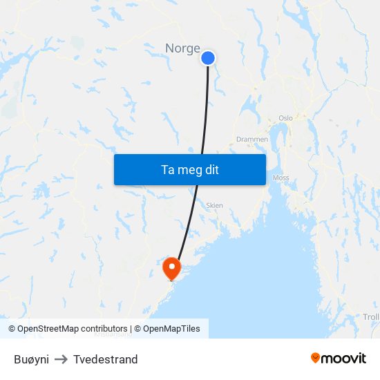Buøyni to Tvedestrand map