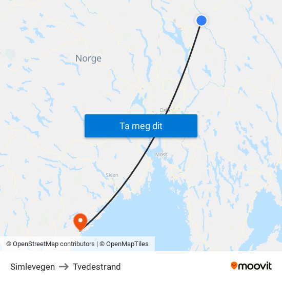 Simlevegen to Tvedestrand map