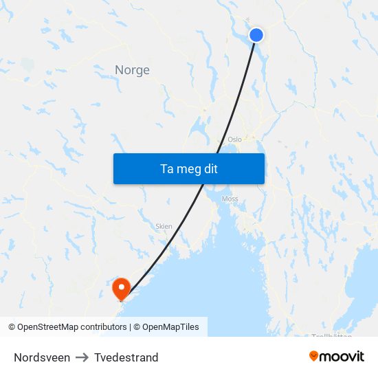 Nordsveen to Tvedestrand map