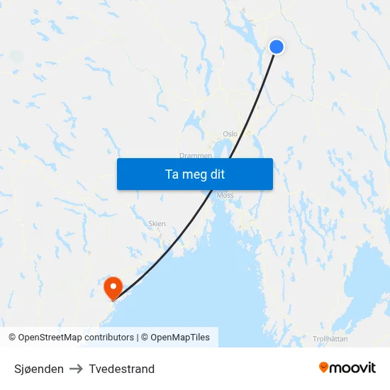 Sjøenden to Tvedestrand map