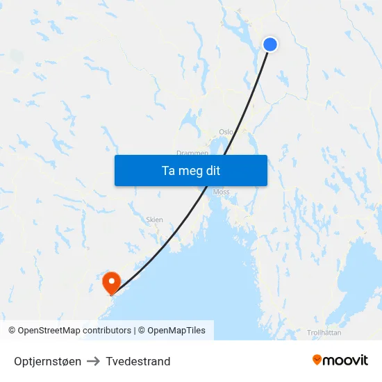 Optjernstøen to Tvedestrand map