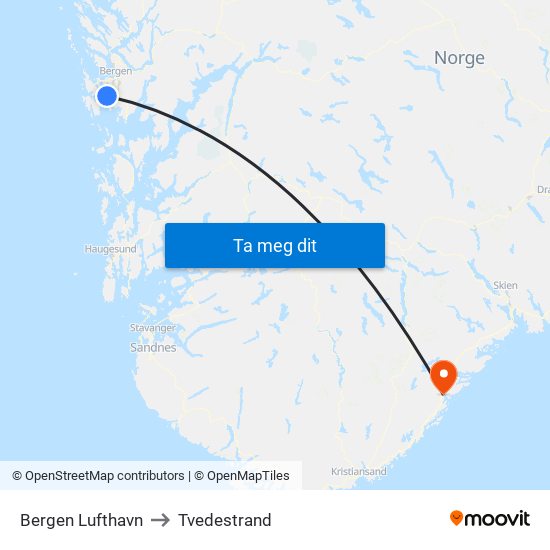 Bergen Lufthavn to Tvedestrand map