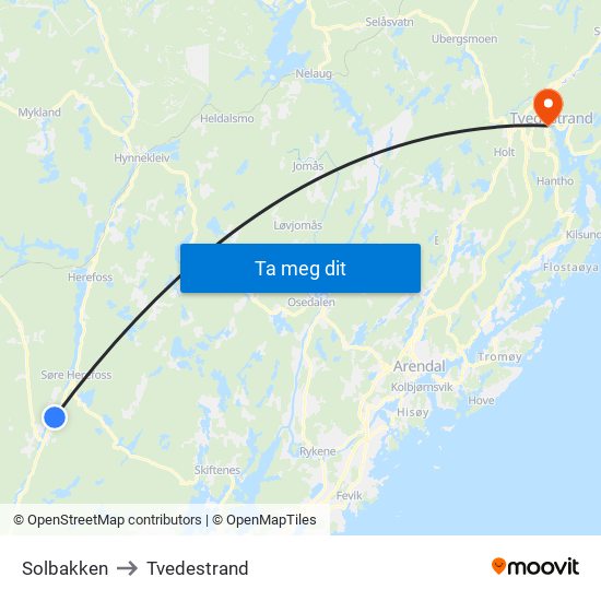 Solbakken to Tvedestrand map