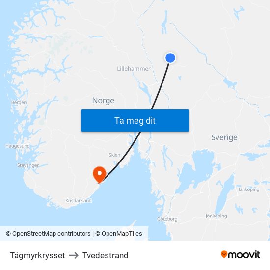 Tågmyrkrysset to Tvedestrand map