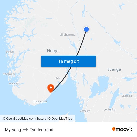 Myrvang to Tvedestrand map