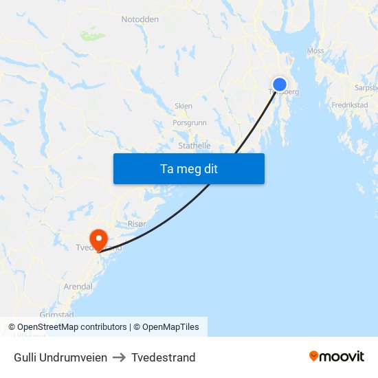 Gulli Undrumveien to Tvedestrand map