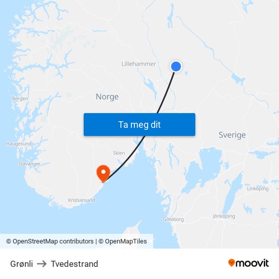 Grønli to Tvedestrand map