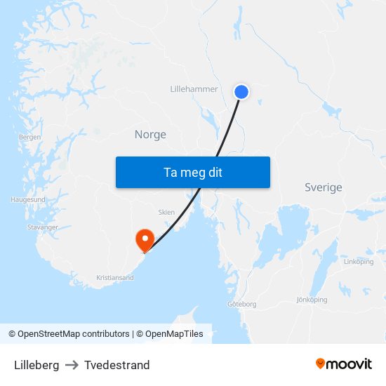 Lilleberg to Tvedestrand map