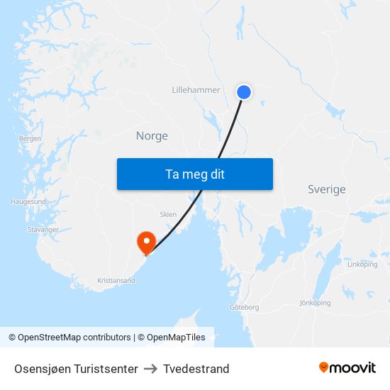 Osensjøen Turistsenter to Tvedestrand map