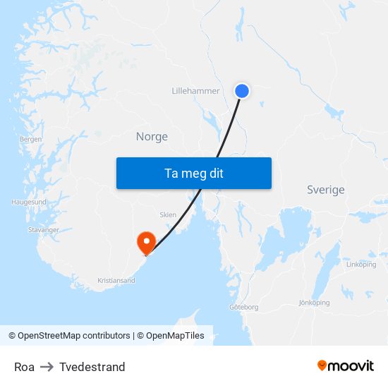 Roa to Tvedestrand map