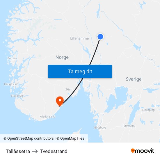 Tallåssetra to Tvedestrand map