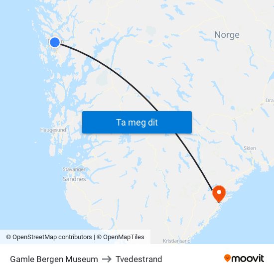 Gamle Bergen Museum to Tvedestrand map