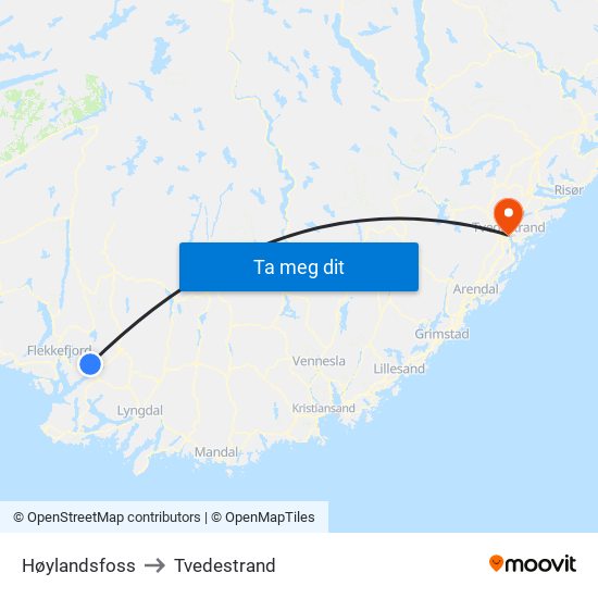 Høylandsfoss to Tvedestrand map