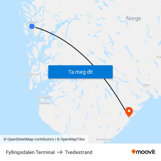 Fyllingsdalen Terminal to Tvedestrand map