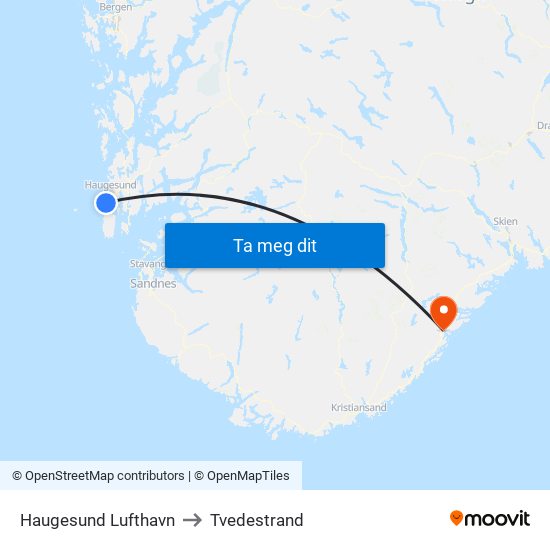 Haugesund Lufthavn to Tvedestrand map