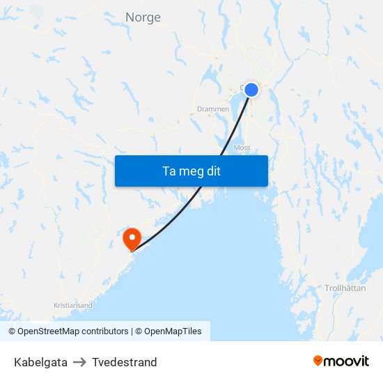 Kabelgata to Tvedestrand map