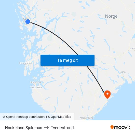 Haukeland Sjukehus to Tvedestrand map