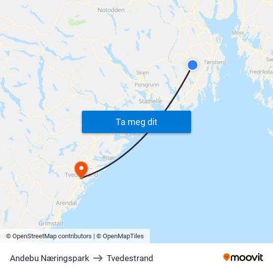 Andebu Næringspark to Tvedestrand map