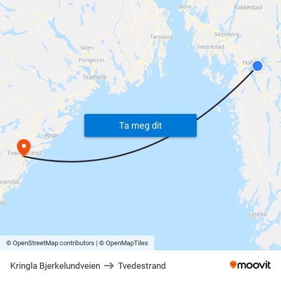 Kringla Bjerkelundveien to Tvedestrand map