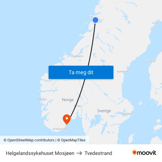 Helgelandssykehuset Mosjøen to Tvedestrand map