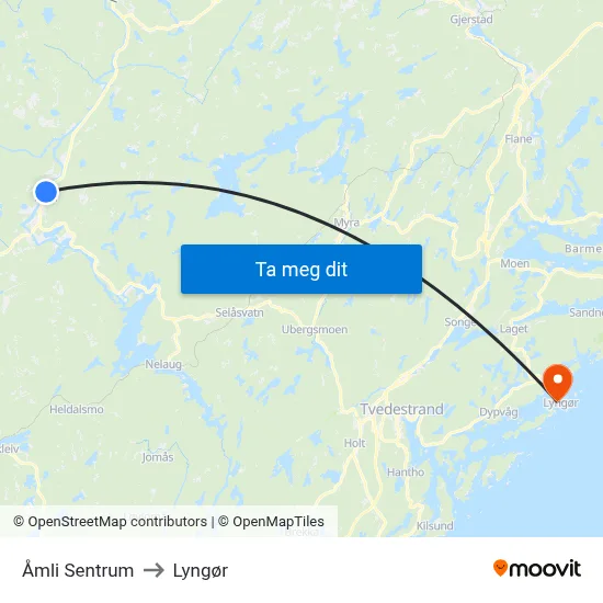 Åmli Sentrum to Lyngør map