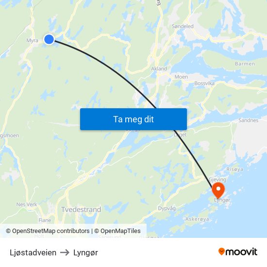 Ljøstadveien to Lyngør map