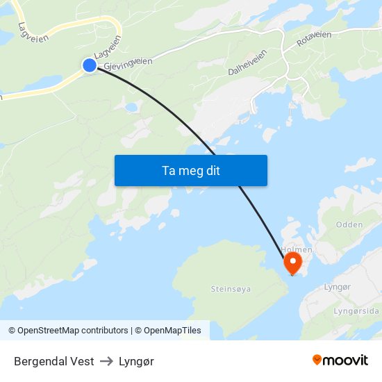 Bergendal Vest to Lyngør map