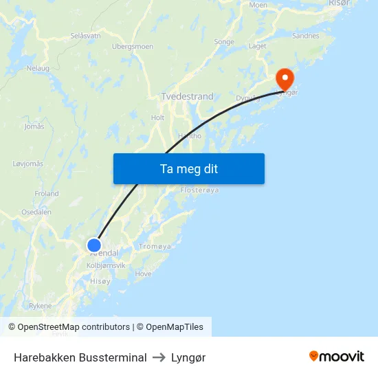 Harebakken Bussterminal to Lyngør map