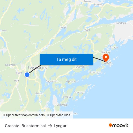 Grenstøl Bussterminal to Lyngør map