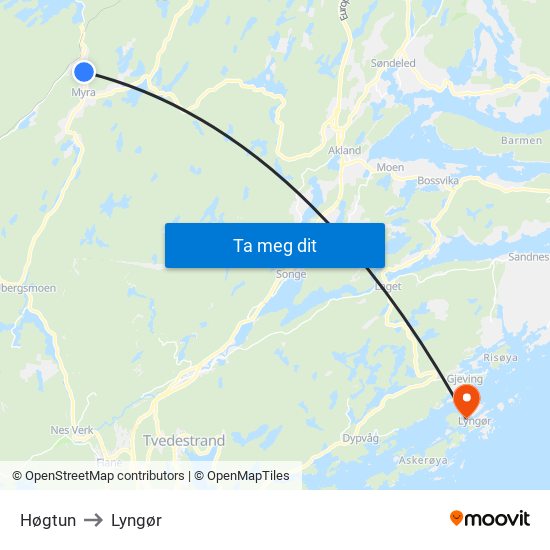 Høgtun to Lyngør map