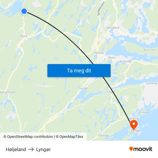 Høljeland to Lyngør map