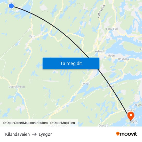 Kilandsveien to Lyngør map