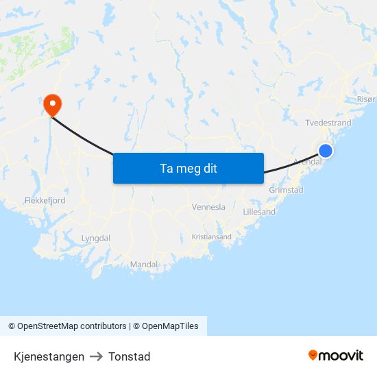 Kjenestangen to Tonstad map