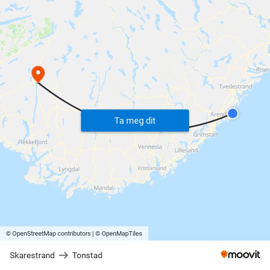 Skarestrand to Tonstad map