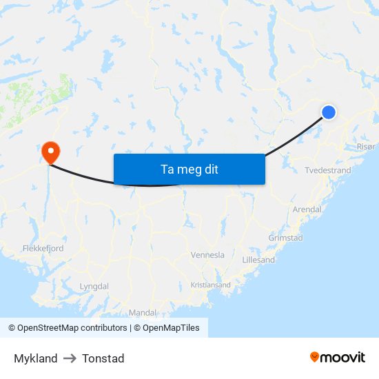 Mykland to Tonstad map