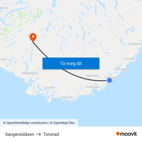 Sangereidåsen to Tonstad map