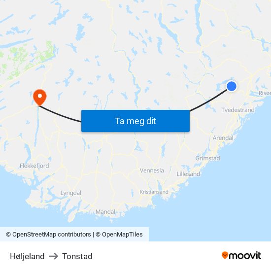 Høljeland to Tonstad map