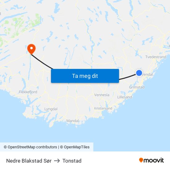 Nedre Blakstad Sør to Tonstad map