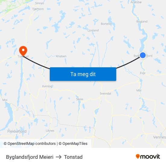 Byglandsfjord Meieri to Tonstad map