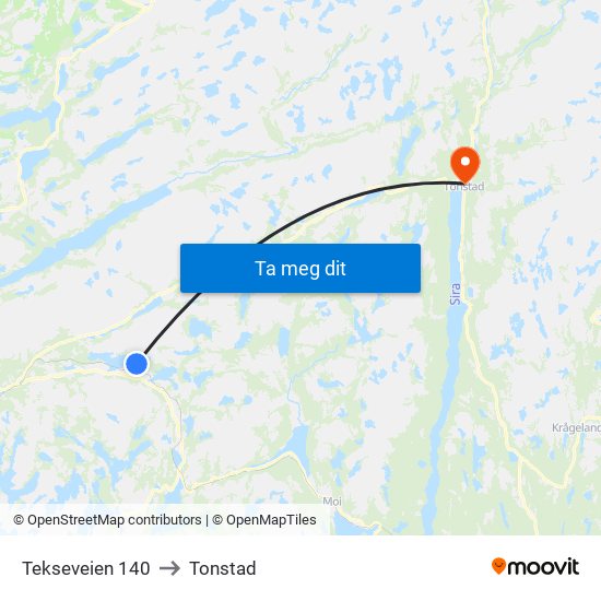 Tekseveien 140 to Tonstad map