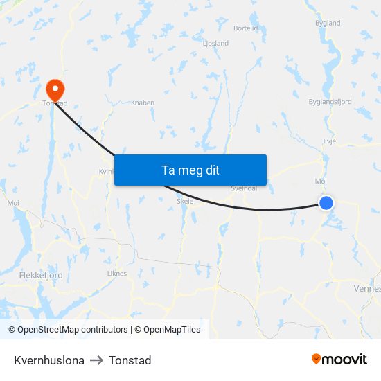 Kvernhuslona to Tonstad map