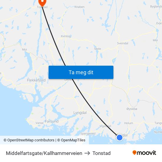 Middelfartsgate/Kallhammerveien to Tonstad map