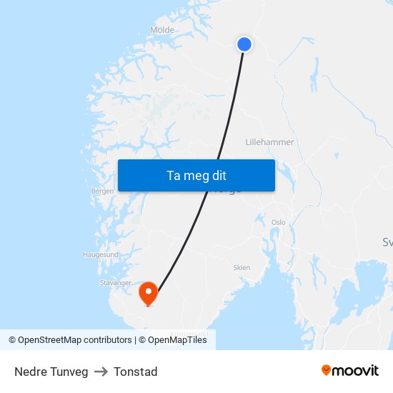 Nedre Tunveg to Tonstad map