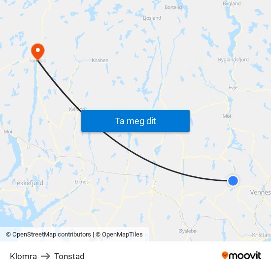Klomra to Tonstad map
