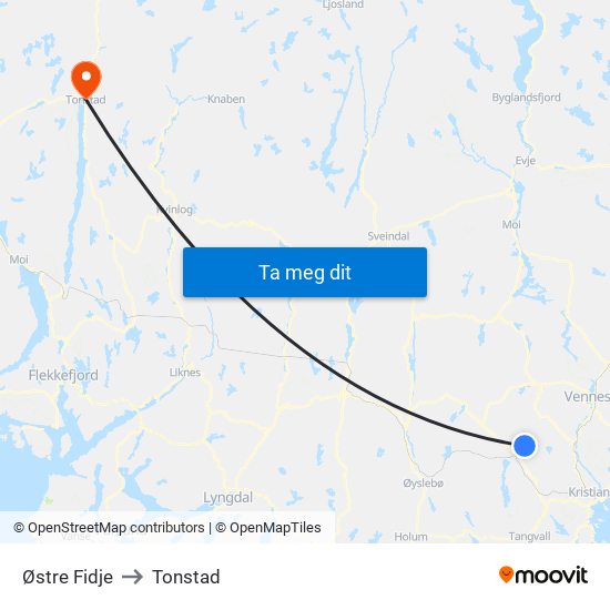 Østre Fidje to Tonstad map