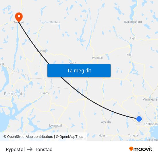 Rypestøl to Tonstad map
