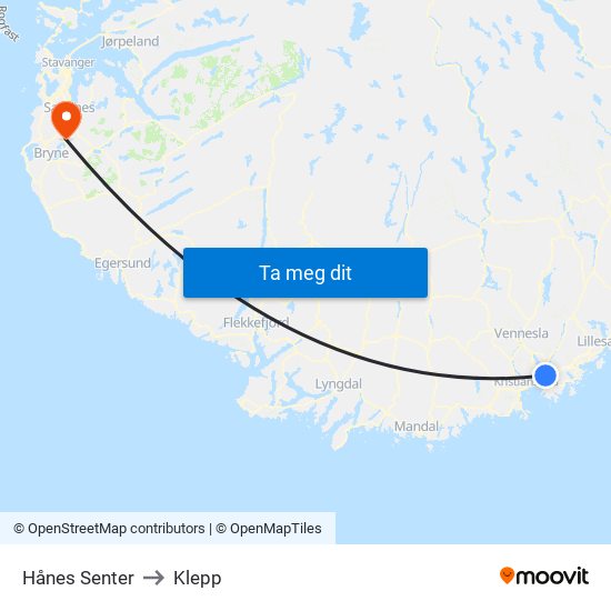 Hånes Senter to Klepp map