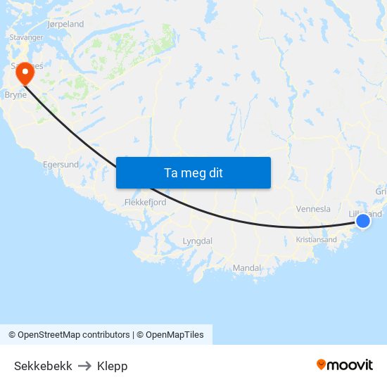 Sekkebekk to Klepp map
